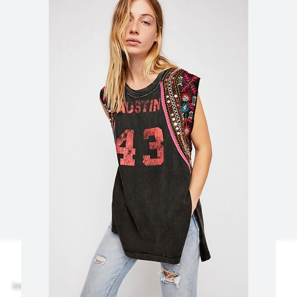 Free People Black Tank Top with Red Accents and Multicolor Embellished Shoulders - Picture 2 of 7